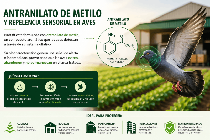 Antranilato de metilo como ingrediente activo en repelentes sensoriales para aves